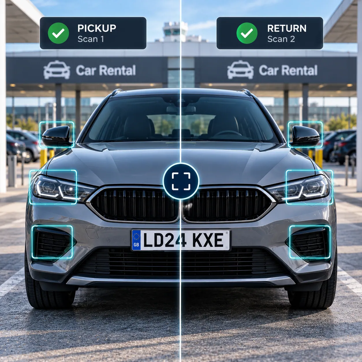 Front of a rental car with AI scan markers