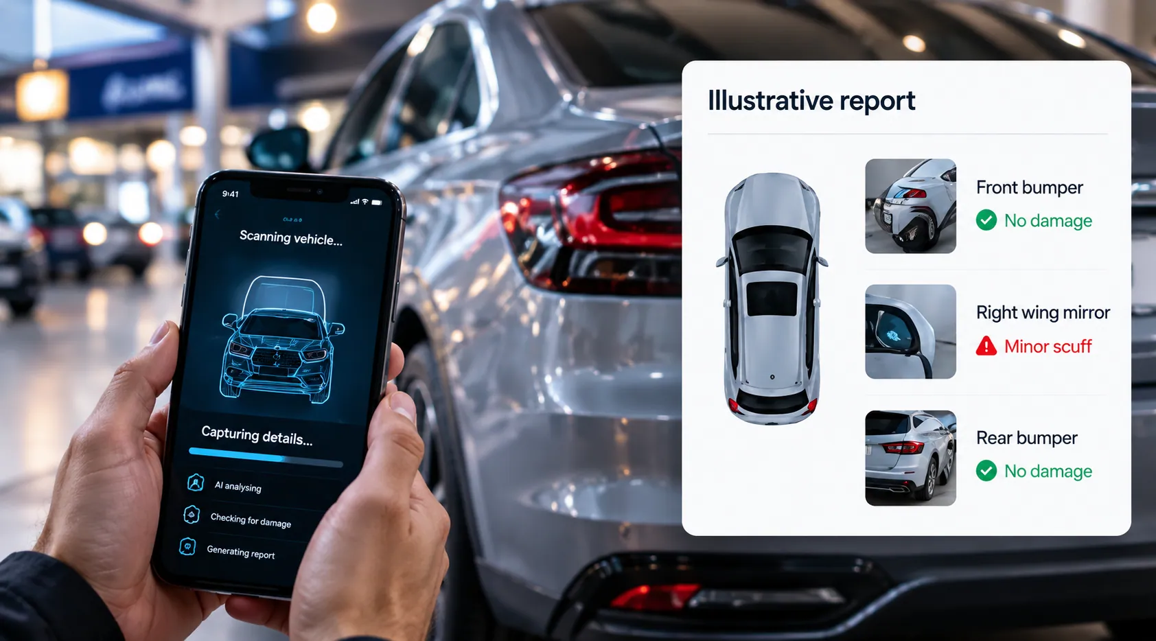 Illustrative DetectDamage.ai condition report over a rental car